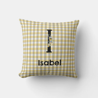 Monogram blommig gingham gul grå mönster kudde