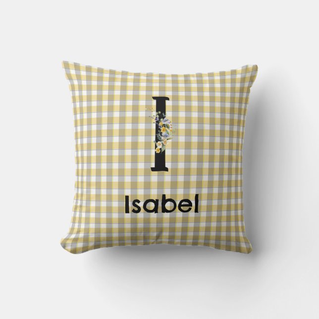 Monogram blommig gingham gul grå mönster kudde (Framsida)