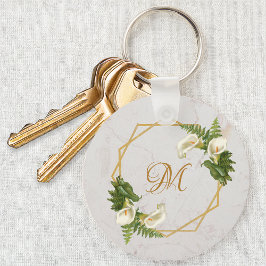 Monogram Blommig Guld Marmor Calla Liljor Initiale Nyckelring
