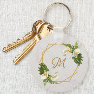 Monogram Blommig Guld Marmor Calla Liljor Initiale Nyckelring