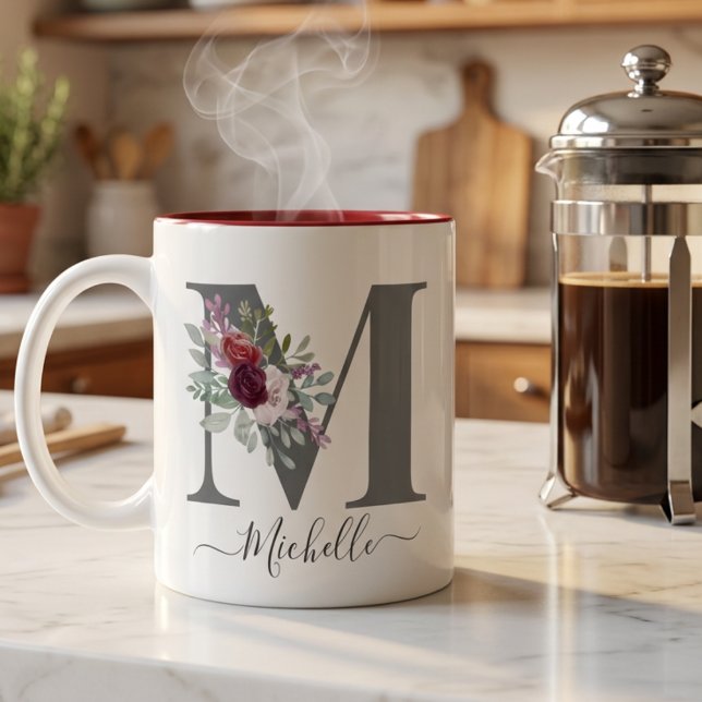 monogram Blommig Initial Namn Två-Tonad Mugg (Skapare uppladdad)