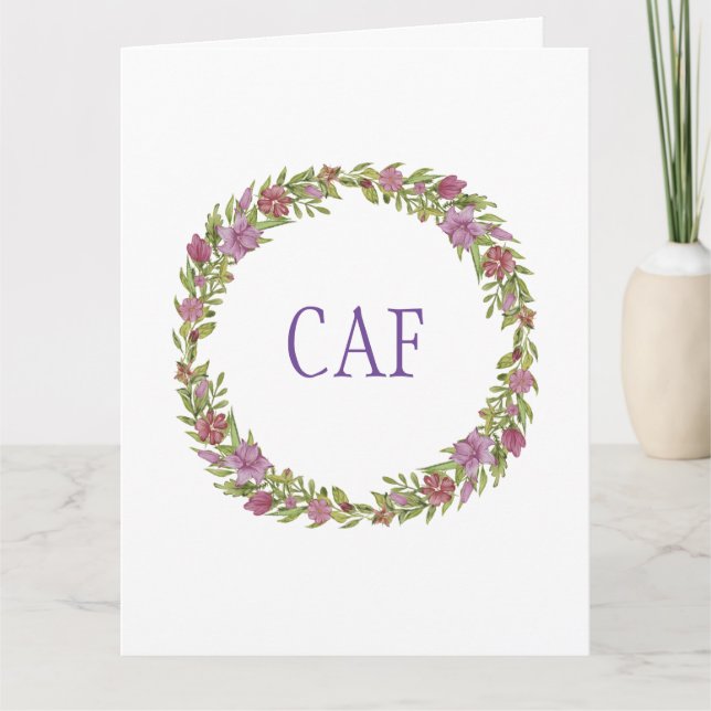 Monogram blommig krans anteckningskort (Framsida)