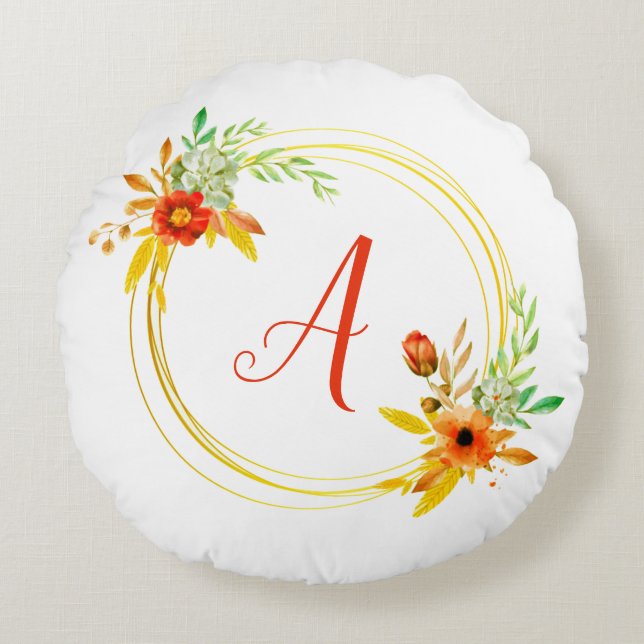 Monogram blommig krans rund kudde (Framsidan)
