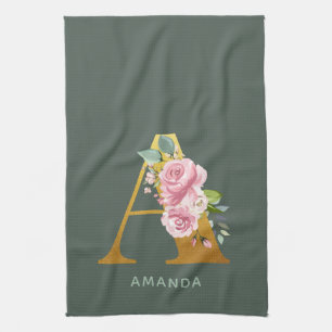 Monogram Blommig Personlig Falsk Guld Bokstav A Kökshandduk