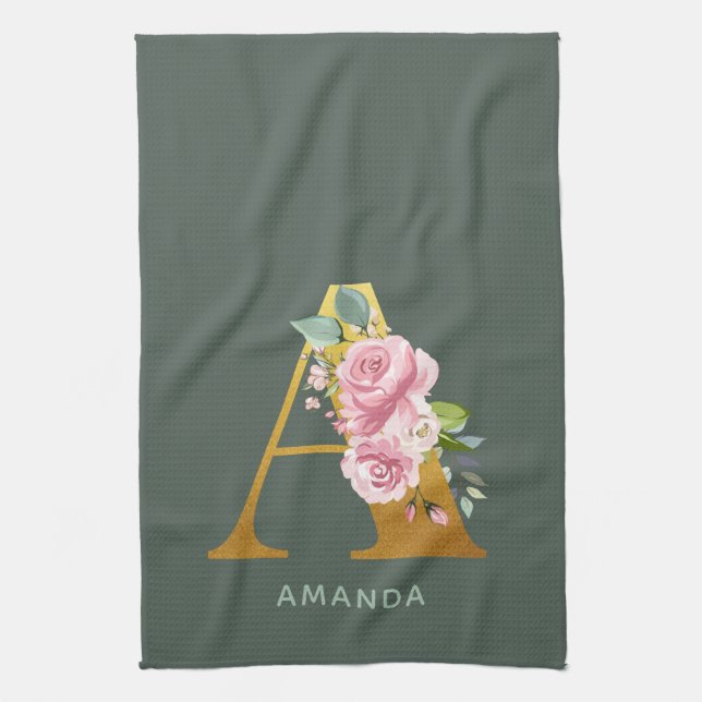 Monogram Blommig Personlig Falsk Guld Bokstav A Kökshandduk (Vertikal)