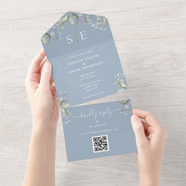 Monogram Blommig QR-kod Dammig blå bröllopsinbjuda (Tearaway)