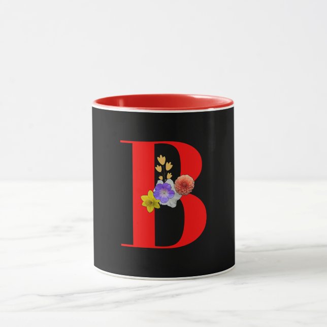 Monogram Blommig Röd Insida Svart  Mugg (Center)