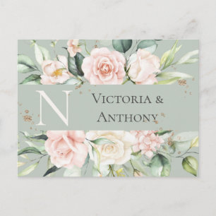 Monogram Blommig Rosa Akvarell Spara Datum Vykort