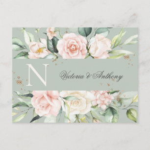 Monogram Blommig Rosa Akvarell Spara Datum Vykort