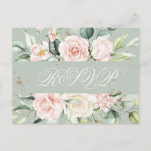 Monogram Blommig Rosa Grön Akvarell RSVP Vykort