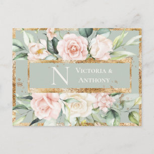 Monogram Blommig Rosa Guld Akvarell Tack Vykort