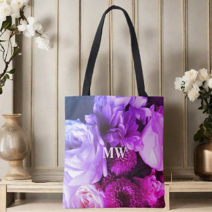 Monogram blommig rosa lila blå bukett foto tygkasse