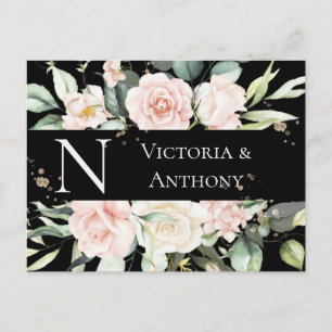 Monogram Blommig Svart Akvarell Spara Datum Vykort