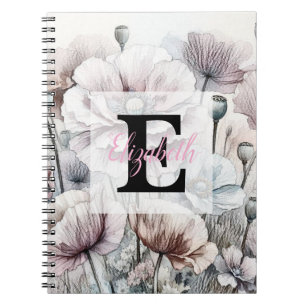 Monogram blommig teckning rosa pastell vallmo blom anteckningsbok