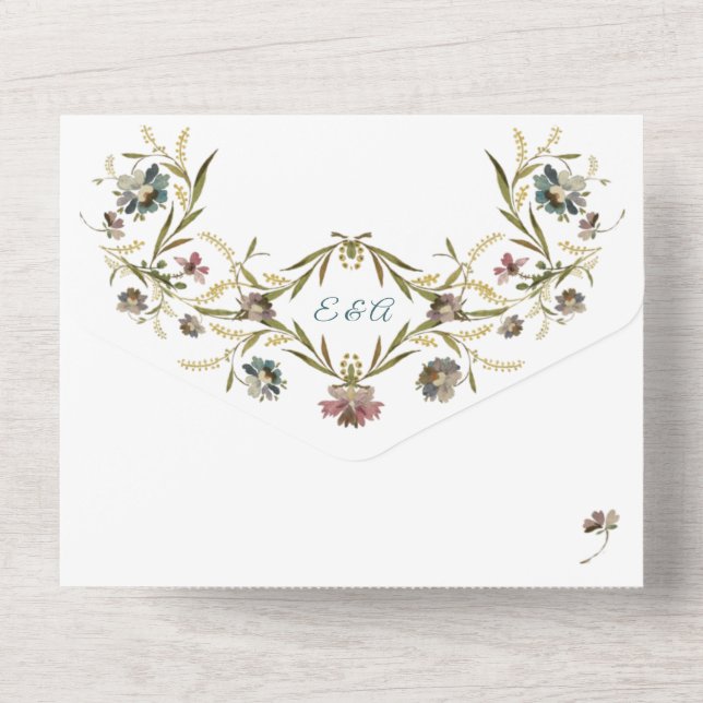 Monogram Blommig Vin Allt-i-ett Bröllopsinbjudan (Baksida)