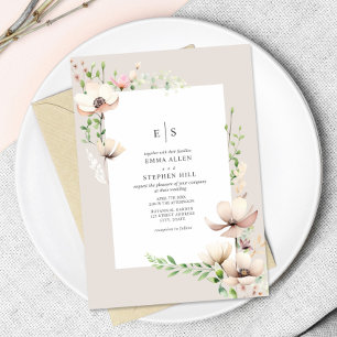 Monogram Blommigt Benvita Botaniska Bröllop Inbjudningar