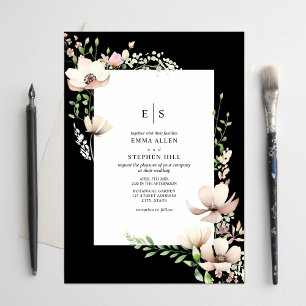 Monogram Blommigt Black Botanical Bröllop Inbjudningar