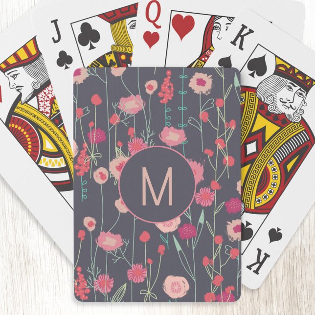 Monogram Blommigt Black Rosa Casinokort (Personalized monogram initial boho dark floral playing cards)