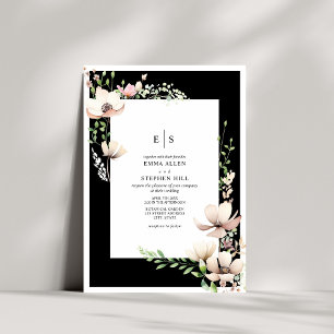 Monogram Blommigt Black & White Botanical Bröllop Inbjudningar