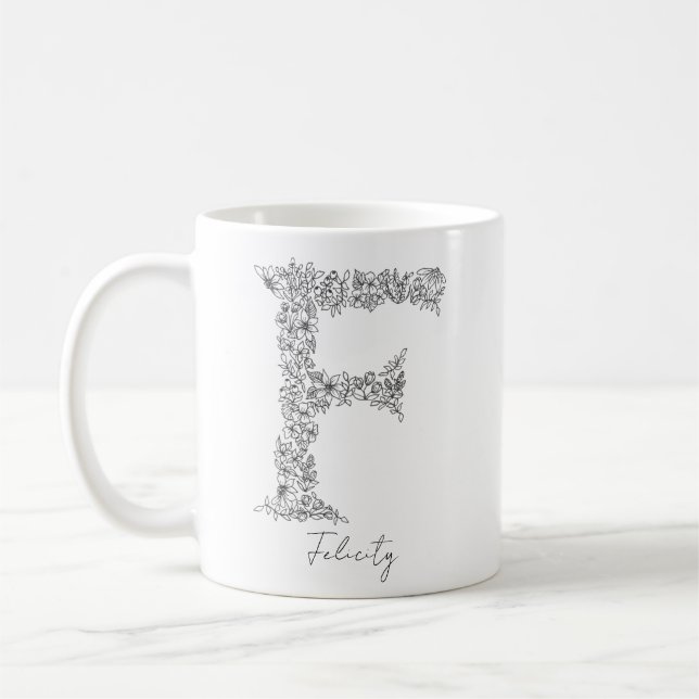Monogram Blommigt Botanical Black White Brev F Kaffemugg (Vänster)