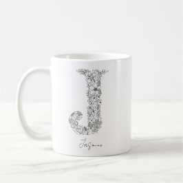 Monogram Blommigt Botanical Black White Brev J Kaffemugg