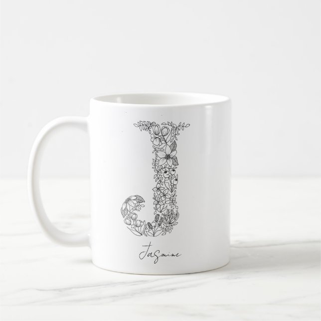 Monogram Blommigt Botanical Black White Brev J Kaffemugg (Vänster)