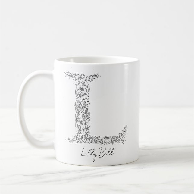 Monogram Blommigt Botanical Black White Brev L Kaffemugg (Vänster)