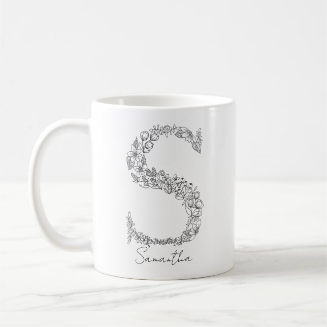 Monogram Blommigt Botanical Black White Brev S Kaffemugg (Vänster)