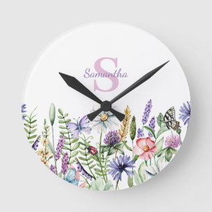 Monogram Blommigt Botanical Namn Rund Klocka