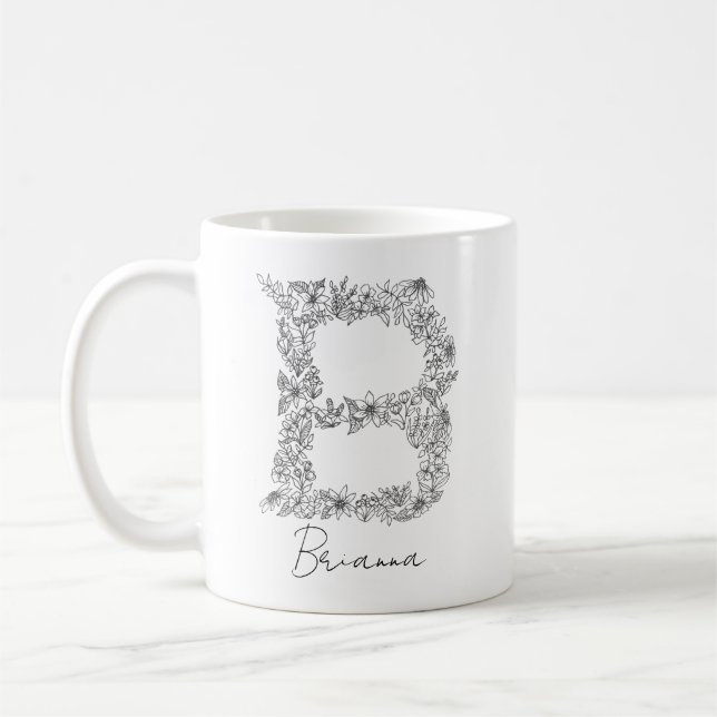 Monogram Blommigt Botaniskt svart och vitt Brev B Kaffemugg (Vänster)