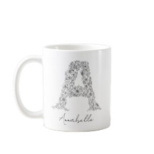 Monogram Blommigt Botaniskt svartvit Brev A