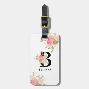 Monogram Blommigt Brev Rosa och Guld Bouquet Bagagebricka