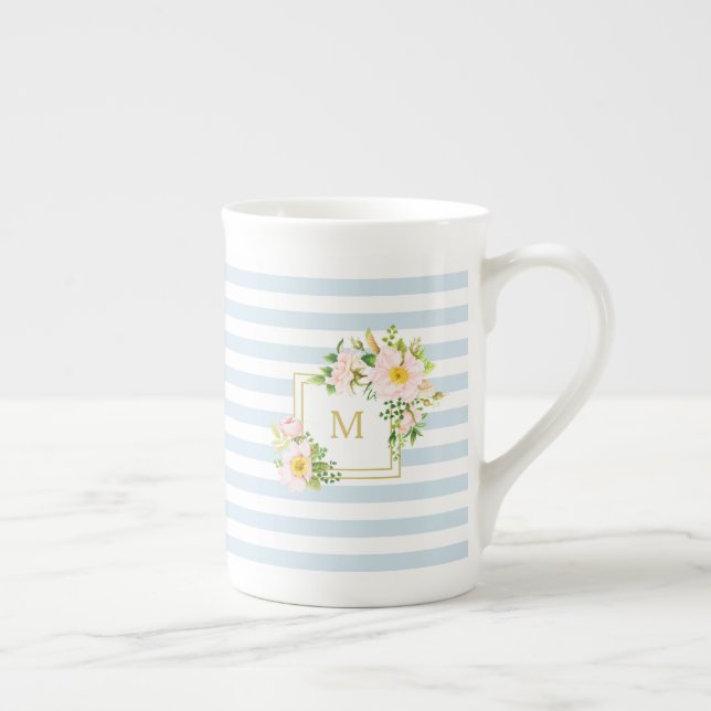 Monogram Blommigt Chic Pastel Blue Rand Benporslin Mugg (Höger)