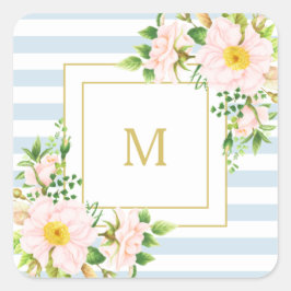 Monogram Blommigt Chic Pastel Blue Rand Fyrkantigt Klistermärke
