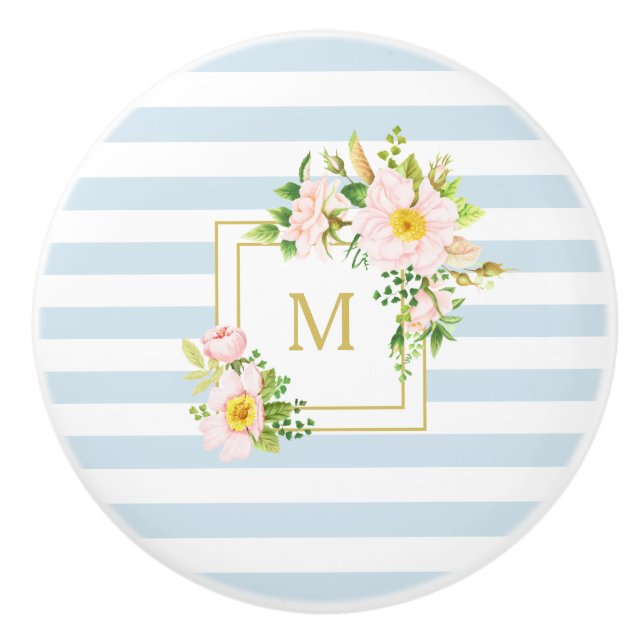 Monogram Blommigt Chic Pastel Blue Rand Knopp (Framsidan)