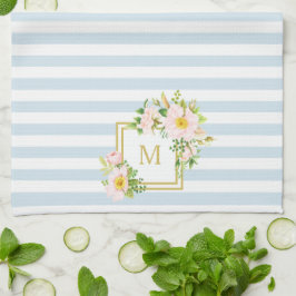 Monogram Blommigt Chic Pastel Blue Rand Kökshandduk