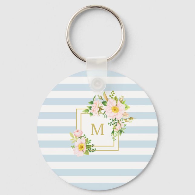 Monogram Blommigt Chic Pastel Blue Rand Nyckelring (Framsida)