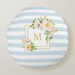 Monogram Blommigt Chic Pastel Blue Rand Round Rund Kudde