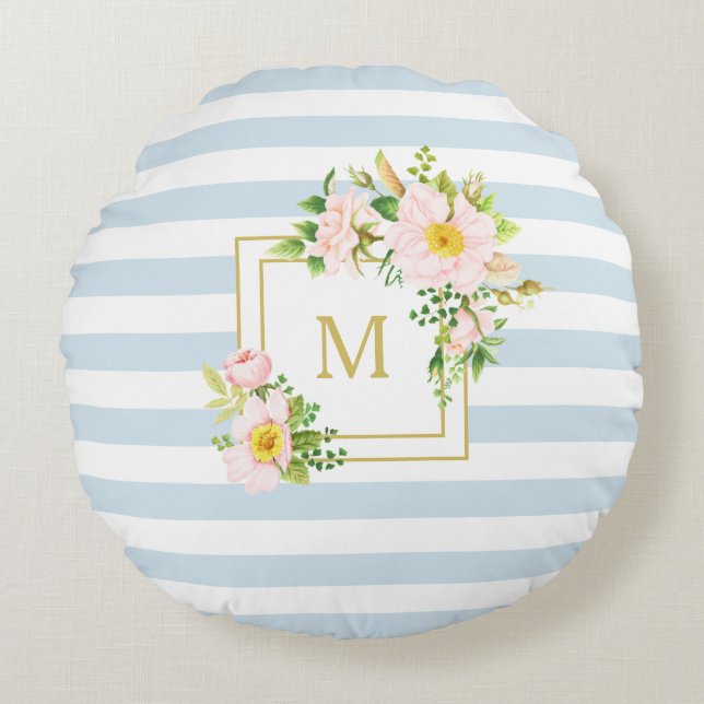 Monogram Blommigt Chic Pastel Blue Rand Round Rund Kudde (Framsidan)