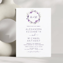 Monogram Blommigt Dusty Lila Greenery Bröllop Inbjudningar