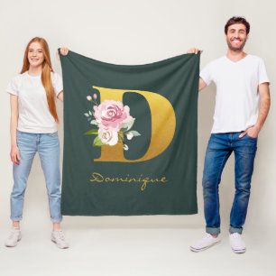 Monogram Blommigt Faux Guld Namn Personlig Fleecefilt