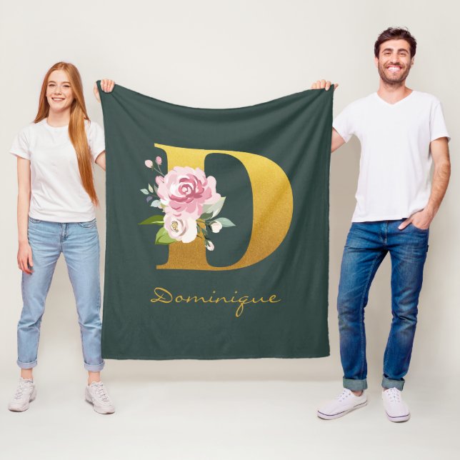 Monogram Blommigt Faux Guld Namn Personlig Fleecefilt (På plats)