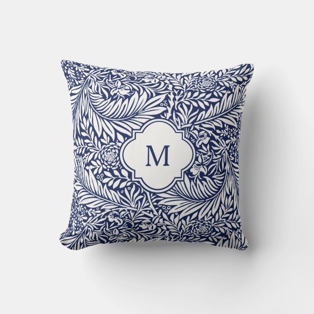 Monogram Blommigt Foliage William Morris Blue Whit Kudde (Framsida)