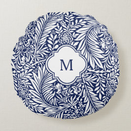 Monogram Blommigt Foliage William Morris Blue Whit Rund Kudde