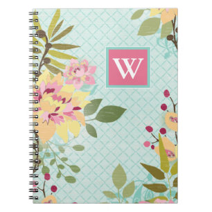 Monogram  Blommigt Garden, blå bakgrund Anteckningsbok Med Spiral