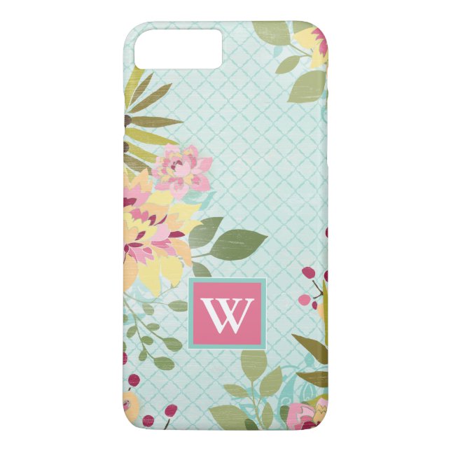 Monogram | Blommigt Garden, blå bakgrund Case-Mate iPhone Skal (Baksida)
