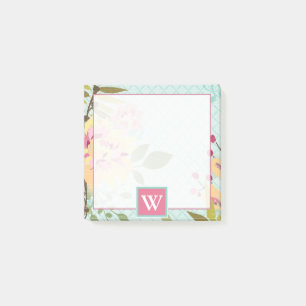Monogram Blommigt Garden, blå bakgrund Post-it Block