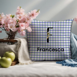 Monogram blommigt gingham blått grönt mönster kudde