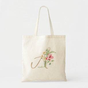 Monogram Blommigt Guld Initial A med Namn Tote Bag Tygkasse