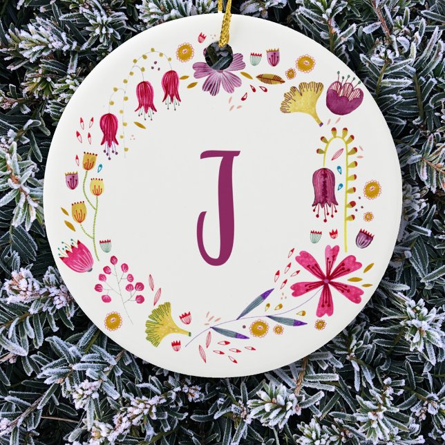 Monogram-Blommigt Julgransprydnad Keramik (Modern monogram initial watercolor wildflower wreath)